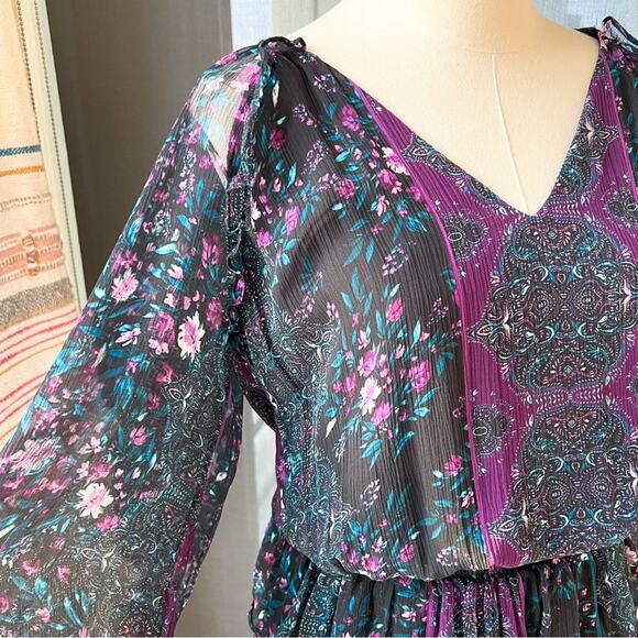Ramy Brook Logan Floral Long Puff Sleeve 100% Silk Mini Dress Women’s Size Small - Picture 3 of 8